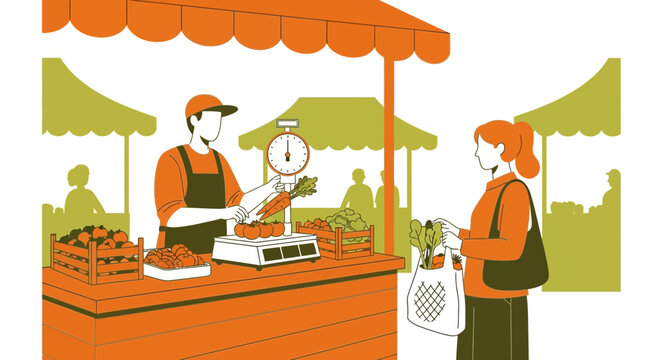Farmer selling fresh produce at market stall to customer with reusable bag