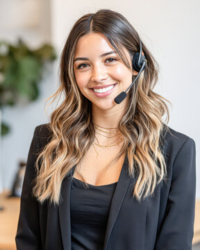 A young woman in business attire smiling and wearing a headset, likely working in a customer service or call center environment.