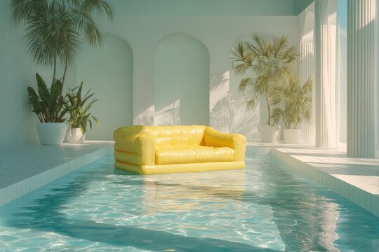 Yellow Inflatable Sofa Floating Serenely in a Sunlit Swimming Pool.