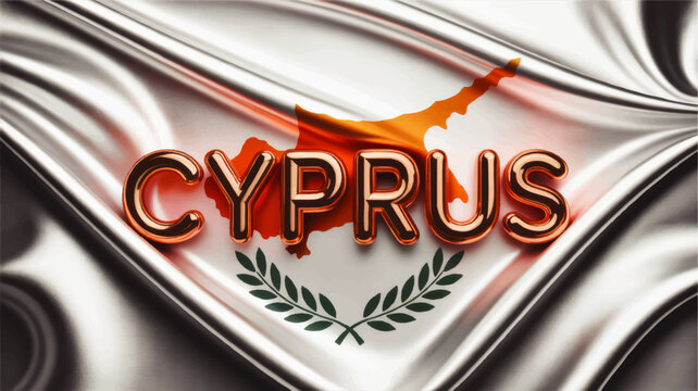 Cyprus flag illustration with metallic text, glossy silk fabric waves, orange island map and laurel wreath, modern patriotic background