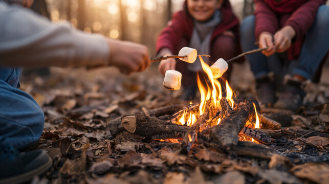 Kids roasting marshmallow on campfire. Group of people sitting around fire in forest. Camping activity with food on stick. Outdoor autumn recreation, family holiday trip concept.