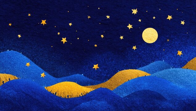 Whimsical Starry Night Landscape with Rolling Hills.