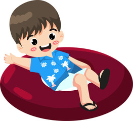 A cartoon boy sitting on a red inflatable ring on transparent background