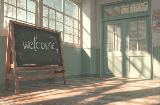 Welcome Blackboard in Sunlit Classroom with Large Windows.