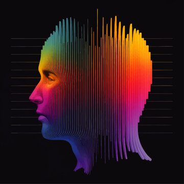 Futuristic colorful human face profile made of abstract sound waves and gradient lines on dark background, AI mind and technology concept
