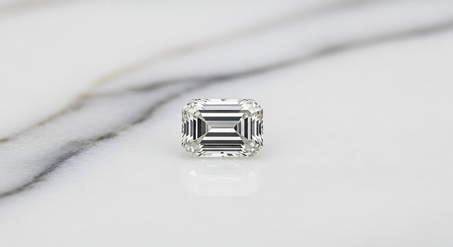 an emerald cut diamond sparkling on a pristine white marble surface perfect for jewelry design and luxury concepts