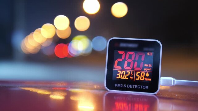 Digital PM 2.5 detector showing unhealthy air pollution levels with city traffic light bokeh background at night