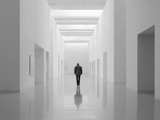 Fototapeta premium A lone person walks away down a long, white, minimalist corridor with reflective floors