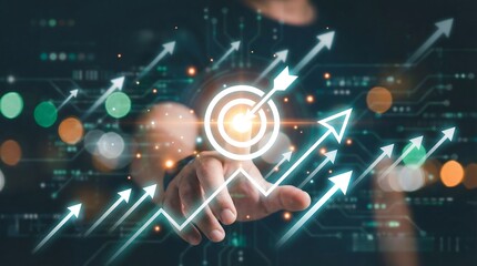 Fototapeta premium A hand points at a glowing target symbol, surrounded by upward-shooting arrows, representing business growth, success, and strategic goals.