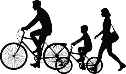 Obraz premium Family silhouettes, bicycle ride, child cycling, adult walking, outdoor activity, companionship scene, everyday lifestyle, monochrome illustration, motion design, recreational outing