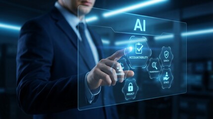 A touching a transparent holographic screen displaying 