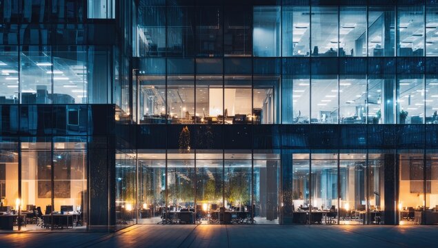 Modern Office Building at Night with Illuminated Windows.