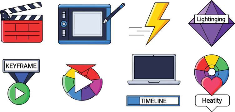 Colorful Media and Animation Tools Icon Set Featuring Keyframe, Timeline, Lightning, and Digital Art Symbols for Graphic Design, Video Editing, and Motion Graphics