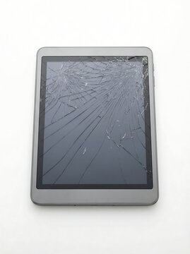 Cracked grey tablet computer screen on white background