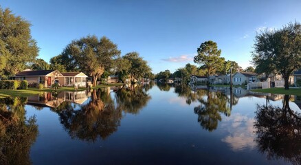 Obraz premium Flooded Suburban Street Reflecting Trees and Houses Under Clear Blue Sky.