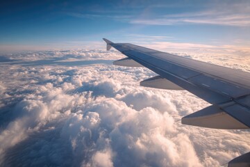 Obraz premium Airplane Wing Above Clouds During Sunset Flight.