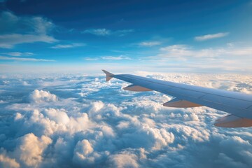 Obraz premium View from airplane window above fluffy clouds during sunset.