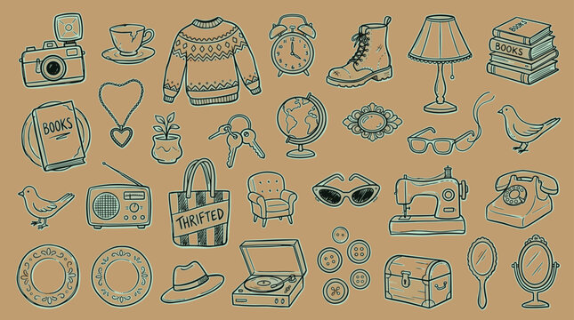 Collection of vintage objects and items for sale at a thrift store or flea market, hand-drawn illustration style