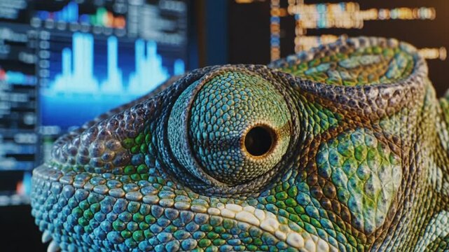 Chameleon in front of stock market.