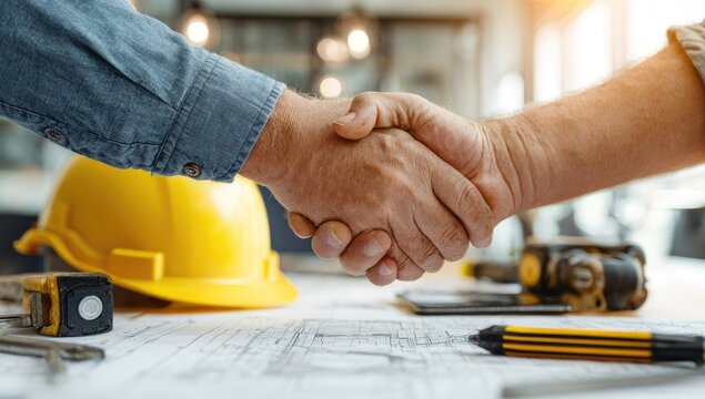 Construction professionals shaking hands over blueprints and hard hat.