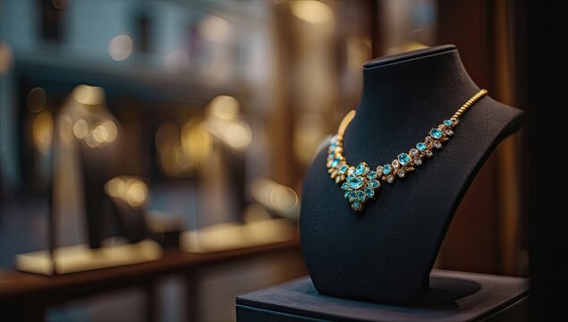 Exquisite Diamond and Gemstone Necklace Displayed on a Black Mannequin.