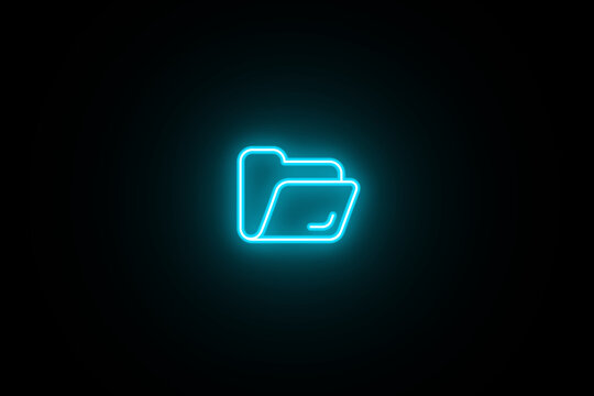 Neon glowing cyan color folder icon on black background. Neon Folder icon. Documents directory. Desktop icons. My computer PC shortcut signs. Folder icon sign symbol.