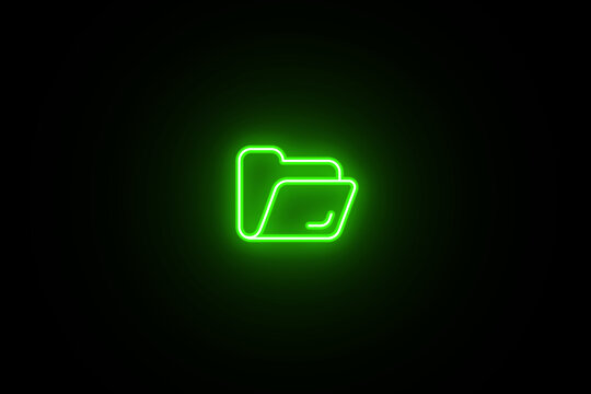 Neon glowing green color folder icon on black background. Neon Folder icon. Documents directory. Desktop icons. My computer PC shortcut signs. Folder icon sign symbol.