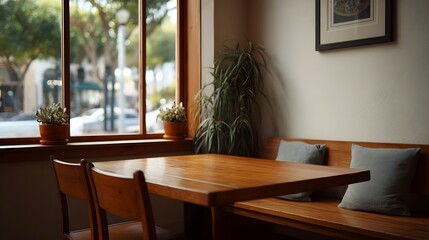 Fototapeta premium A serene minimalist cafu00e9 interior illuminated by natural light featuring wooden tables and lush indoor plants