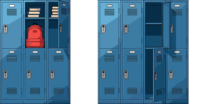 School lockers with open compartments books and backpack realistic vector illustration metal storage cabinets education interior isolated