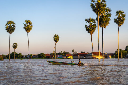 Bugis fisherman's boat at sunset on Lake Tempe, Sulawesi, Indonesia
