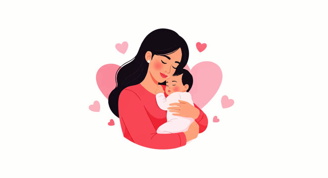 Vector Flat Design Illustration of a loving mother holding her baby with hearts symbolizing love and care