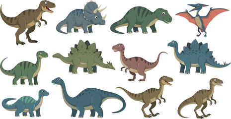 Cartoon Dinosaur Collection Featuring T-Rex, Triceratops, Stegosaurus, Velociraptor, and Other Prehistoric Creatures for Kids' Art and Nature Designs © Shahanaj