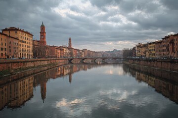 Obraz premium Pisa Cityscape Reflection Arno River Evening Sky.