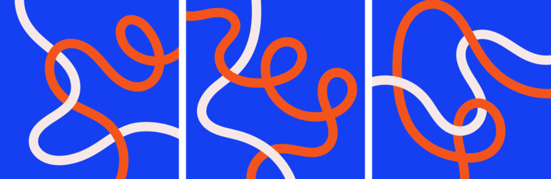 Abstract fluid, wavy line pattern with smooth flowing curves in red, blue, creating a modern minimal decorative background design.