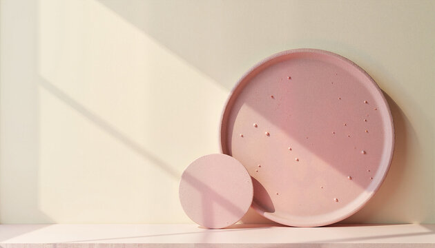 round pink decorative ceramic plates placed against a soft pastel backdrop, concept home decor and minimalism with copy space