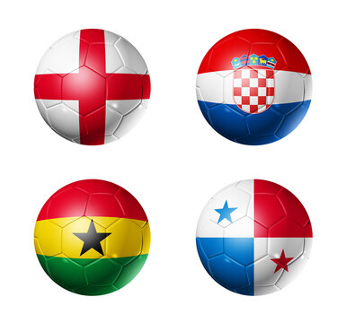 Football competition 2026 group L flags on soccer balls. 3D illustration isolated on white background