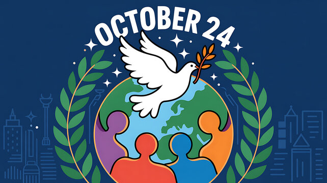United nations day october 24th illustration with dove and people from around the world coming together in unity and peace on a blue background