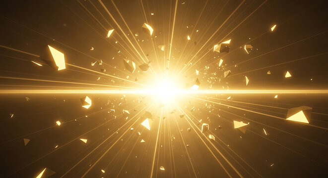 explosion light abstract energy golden burst with shimmering geometric fragments radiating across a dark background