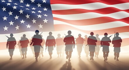 Obraz premium Silhouettes of soldiers marching forward against a waving american flag background