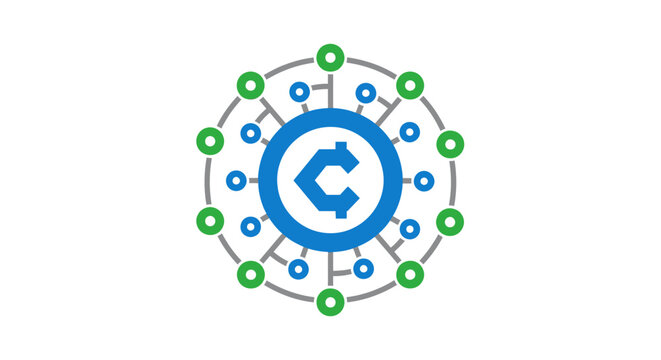 Circular logo with blue and green nodes.