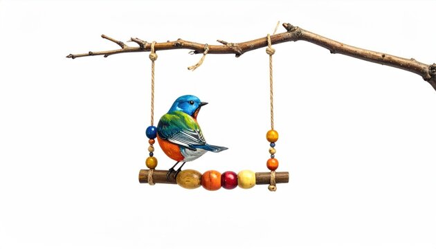 Colorful Painted Bunting Bird on a Swing Hanging from Branch.