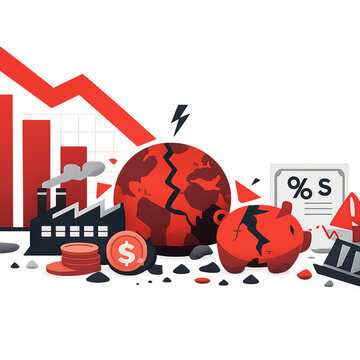 Global economic crisis illustration. Broken Earth, falling financial graphs, industrial decline, and shattered piggy bank symbolize recession, market collapse, financial instability