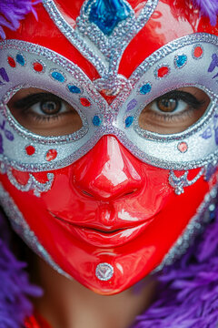 A close-up shot of a person wearing a colorful carnival mask, ideal for use in parties or celebrations. vertical frame