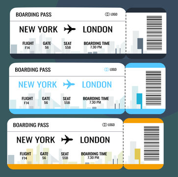 Vector boarding pass templates, travel tickets, New York to London, airline boarding passes, editable ticket designs