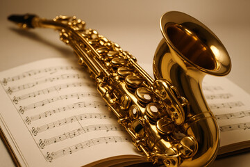 Obraz premium Golden Saxophone on Open Sheet Music Book