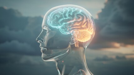 Obraz premium Transparent human head with glowing brain illustration highlighting brain anatomy against a cloudy sky background.