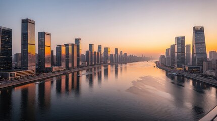 Fototapeta premium A stunning cityscape at sunset featuring skyscrapers lining a wide river with calm reflections and a warm, colorful sky.