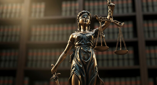 lady justice statue holding scales and sword representing justice and law against a blurred legal library background.