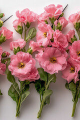 Fototapeta premium A bouquet of pink flowers sitting on a clean white table, perfect for a still life photo or a minimalist decor. vertical frame