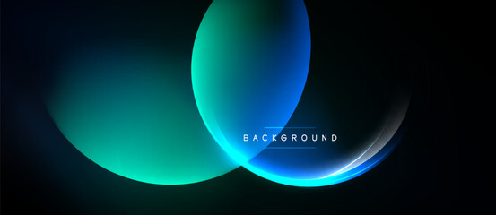 Abstract design features vibrant blue, turquoise gradients. Overlapping shapes create dynamic visual effect on black backdrop. Minimalist style.